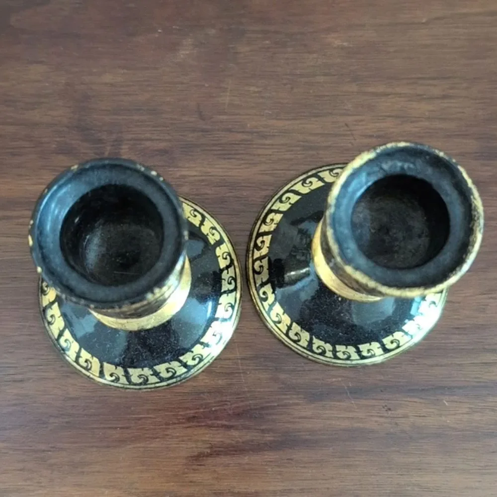 Elegant Black & Gold Hand Painted Khokhloma Russian Folk Art Candle Holders